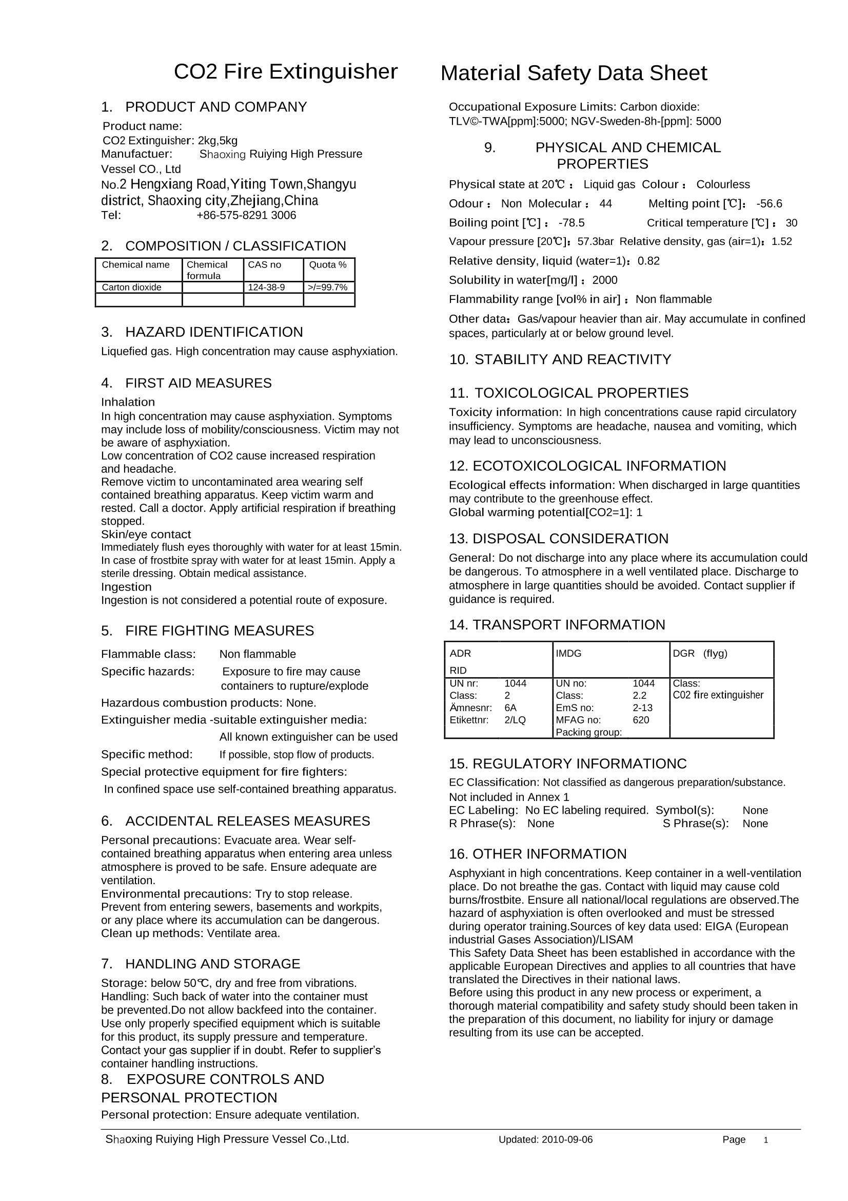 2kg&5kg-Ruiying Extintor de CO2 MSDS-2kg,5kg