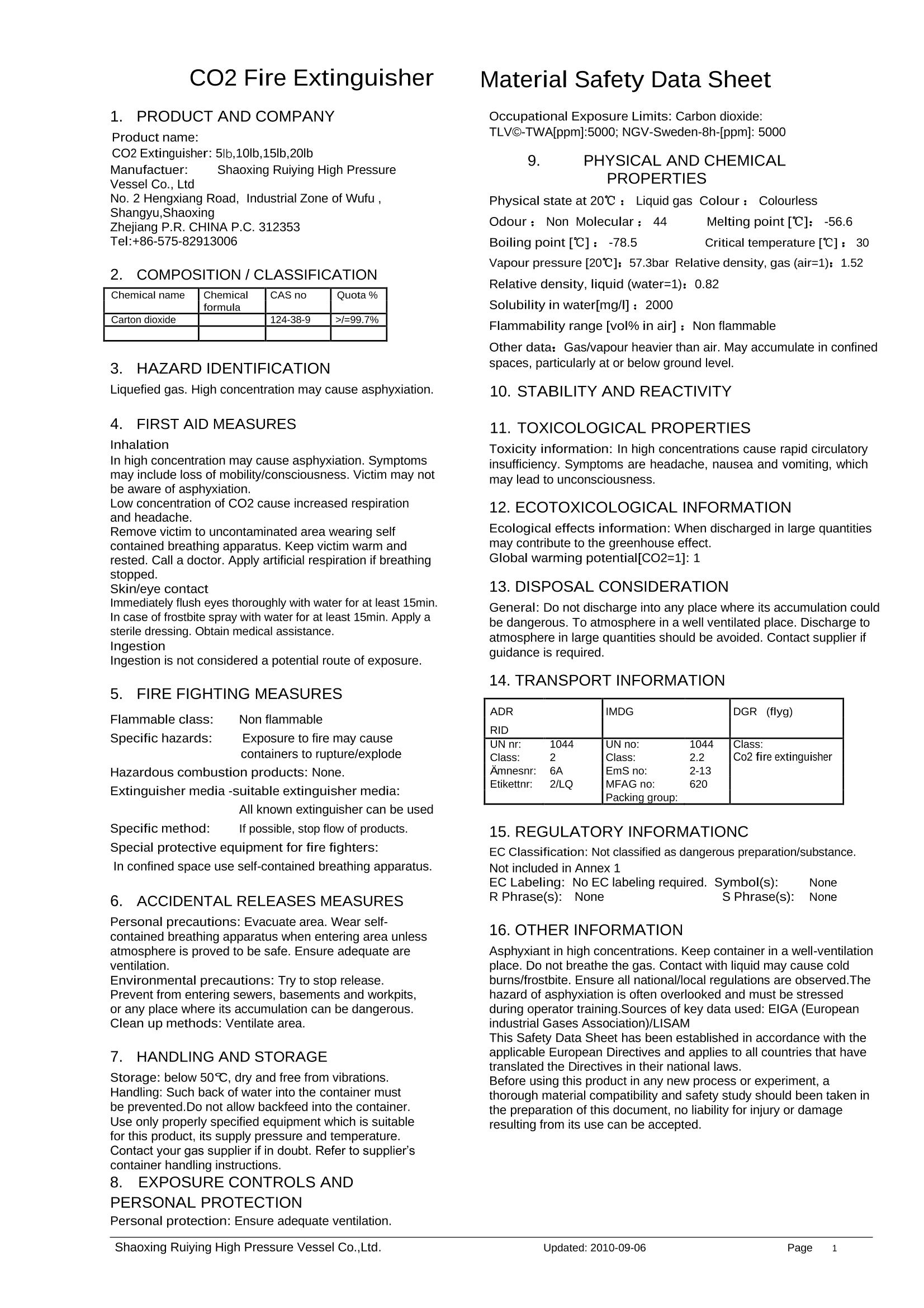 MSDS del extintor de 5-20 lb-CO2